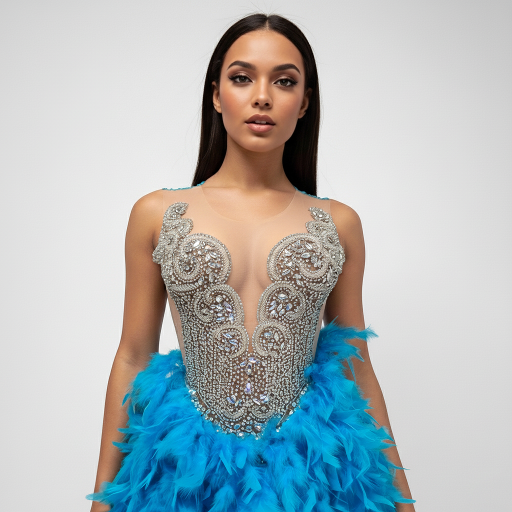 Harley Beaded Scalloped Feather Mini Dress