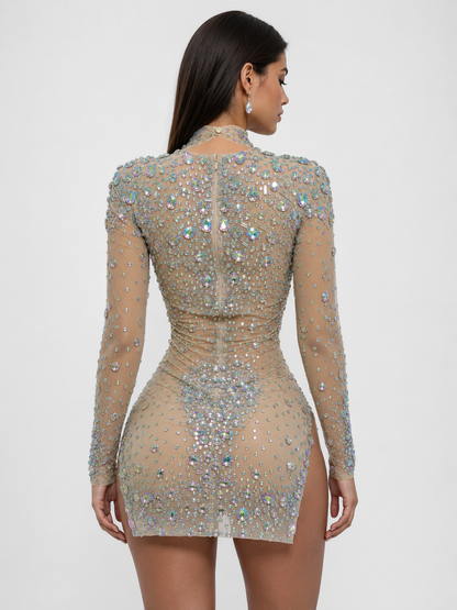 Multicolor Rhinestone Side Slit Mini Dress V2