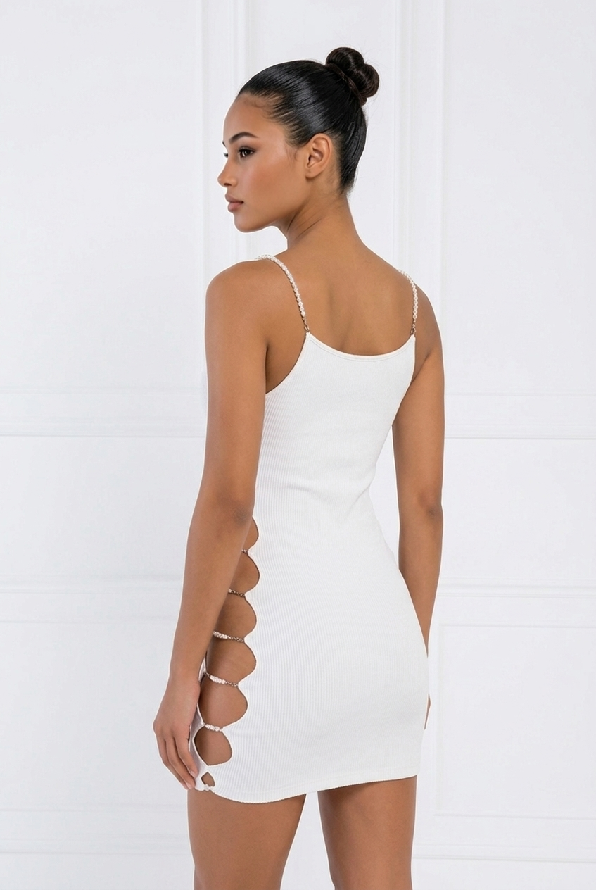 Knit Pearl Emebllished Cut Out Mini Dress