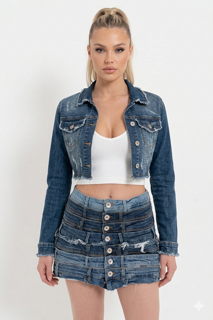 Multi-Layered Frayed Button-Up Denim Mini Skirt
