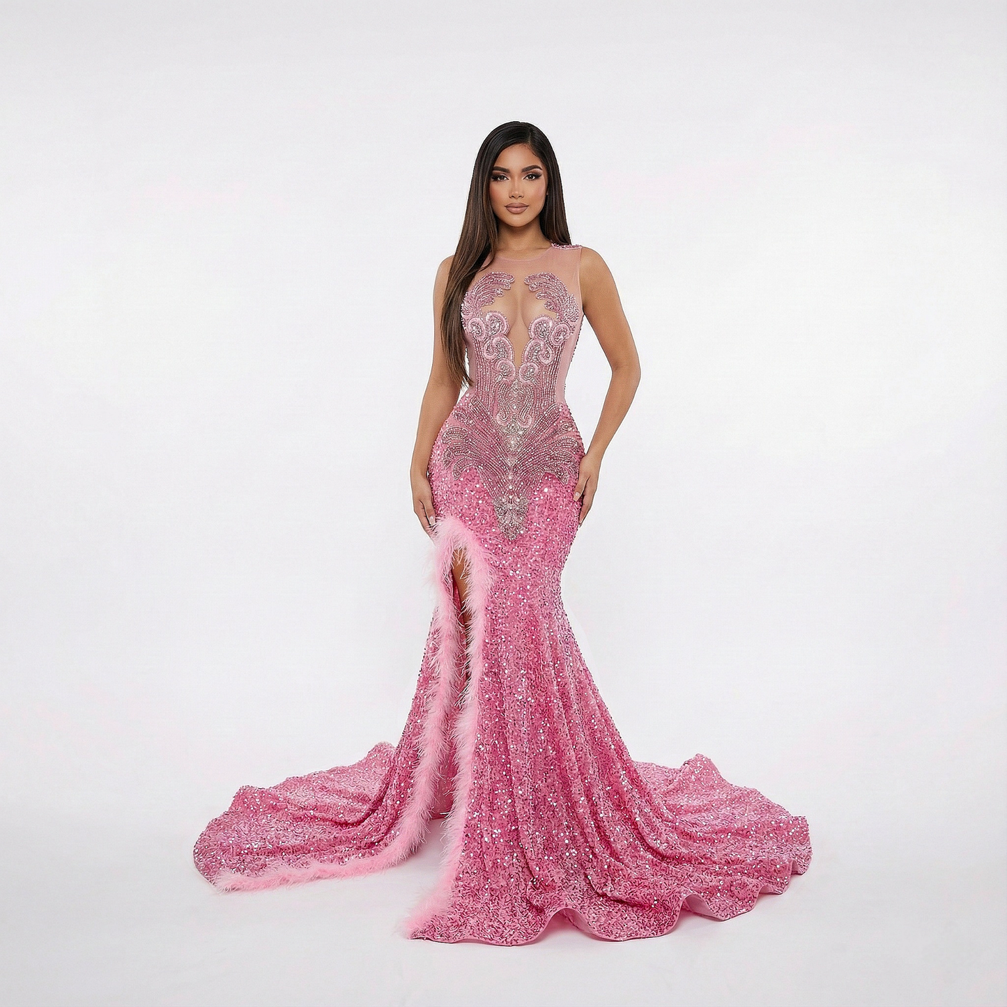 Remi Rhinestone Embellished Sequin Feather Gown