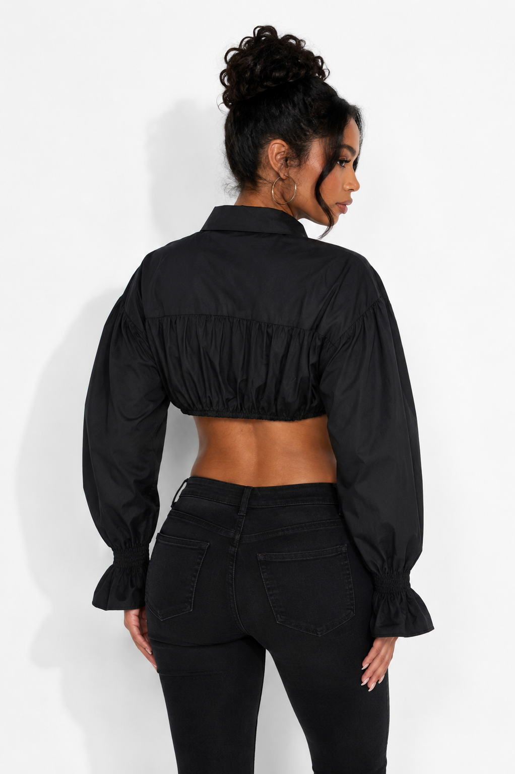Caley Denim Contrast Puff Sleeve Button-Up Crop Top