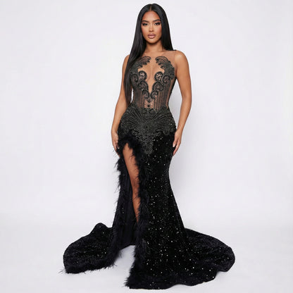 Remi Rhinestone Embellished Sequin Feather Gown