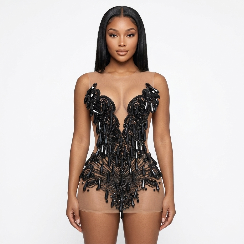 Paris Sheer Rhinestone Embellished Mini Dress