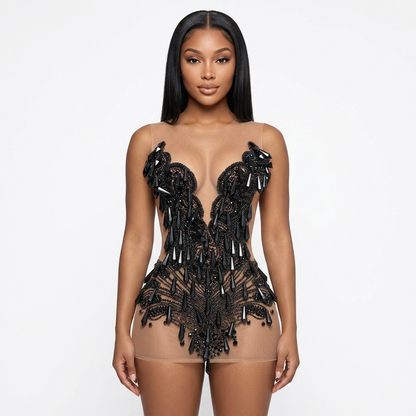 Paris Sheer Rhinestone Embellished Mini Dress