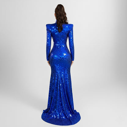 Royal Blue Long Sleeve Thigh High Slit Bodycon Mirror Dress