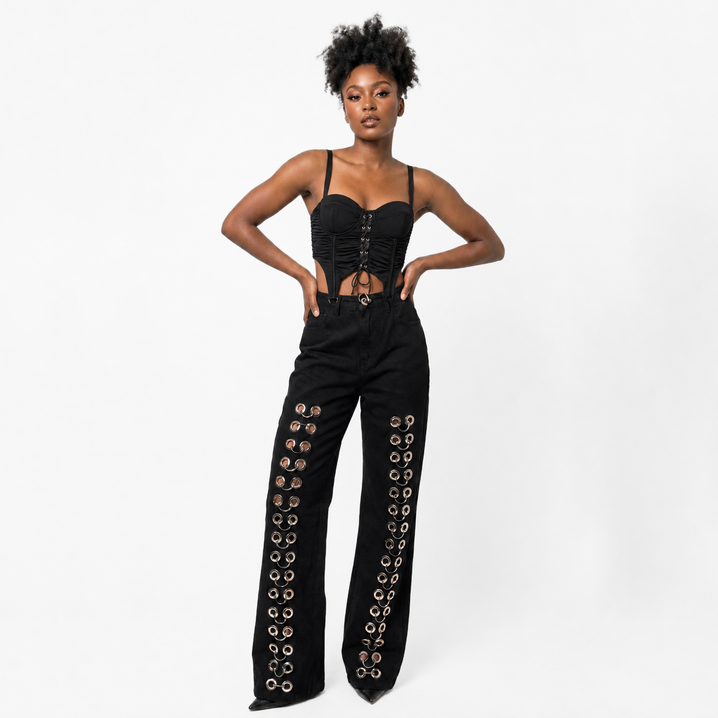 High Waisted Black Grommet Denim Jeans