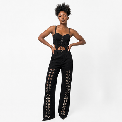 High Waisted Black Grommet Denim Jeans