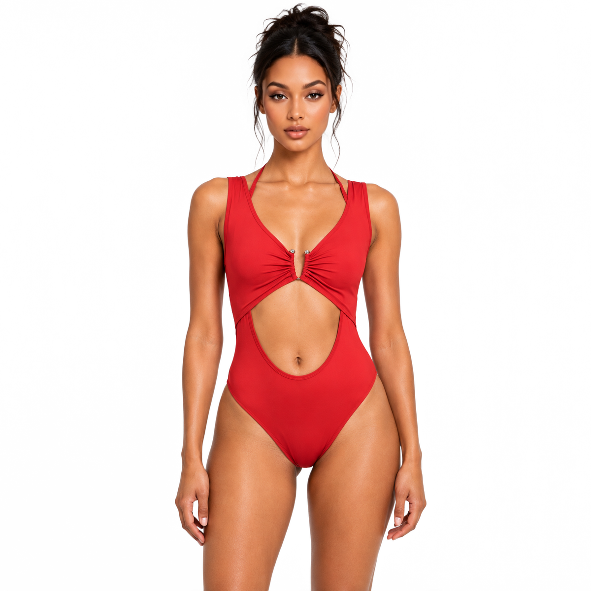 Ruched Plunge Front Cutout Bodysuit