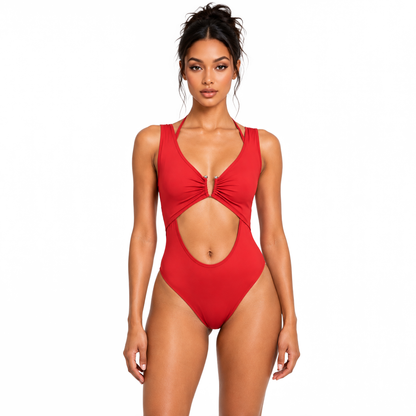 Ruched Plunge Front Cutout Bodysuit