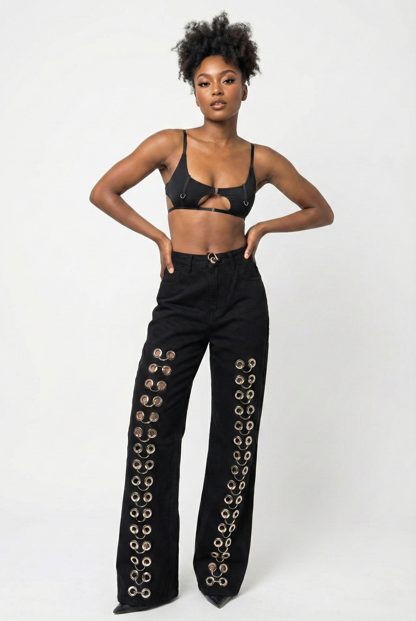 High Waisted Black Grommet Denim Jeans