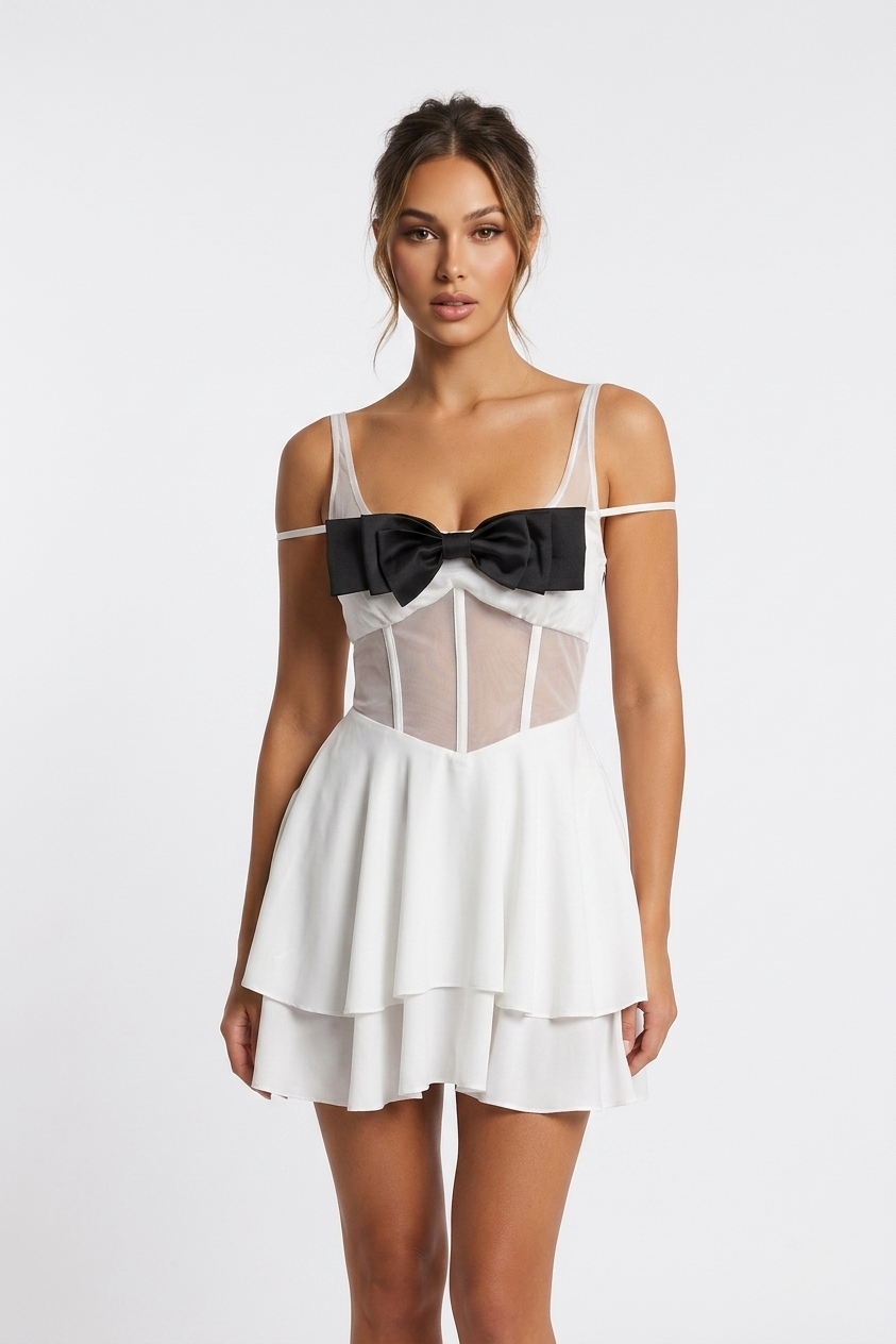 Cami Bow-Accent Off-White Mini Dress
