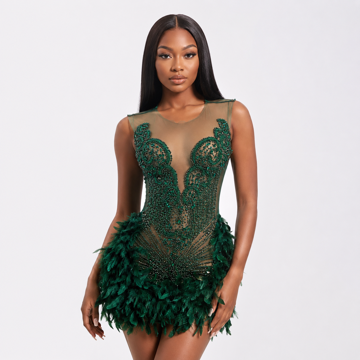 Lyla Beaded Scalloped Feather Mini Dress