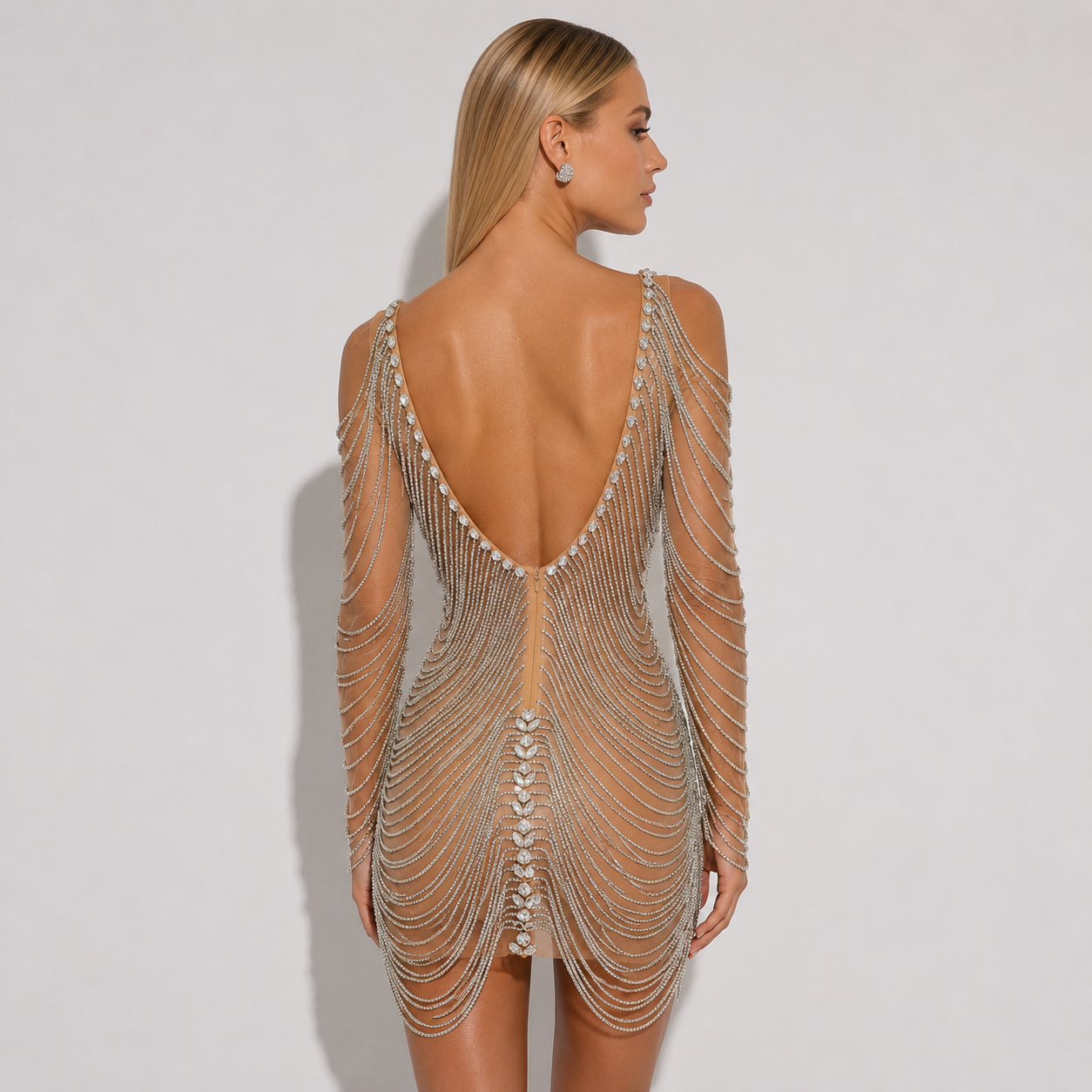 Tassel Draped Long Sleeve Rhinestone Mini Dress