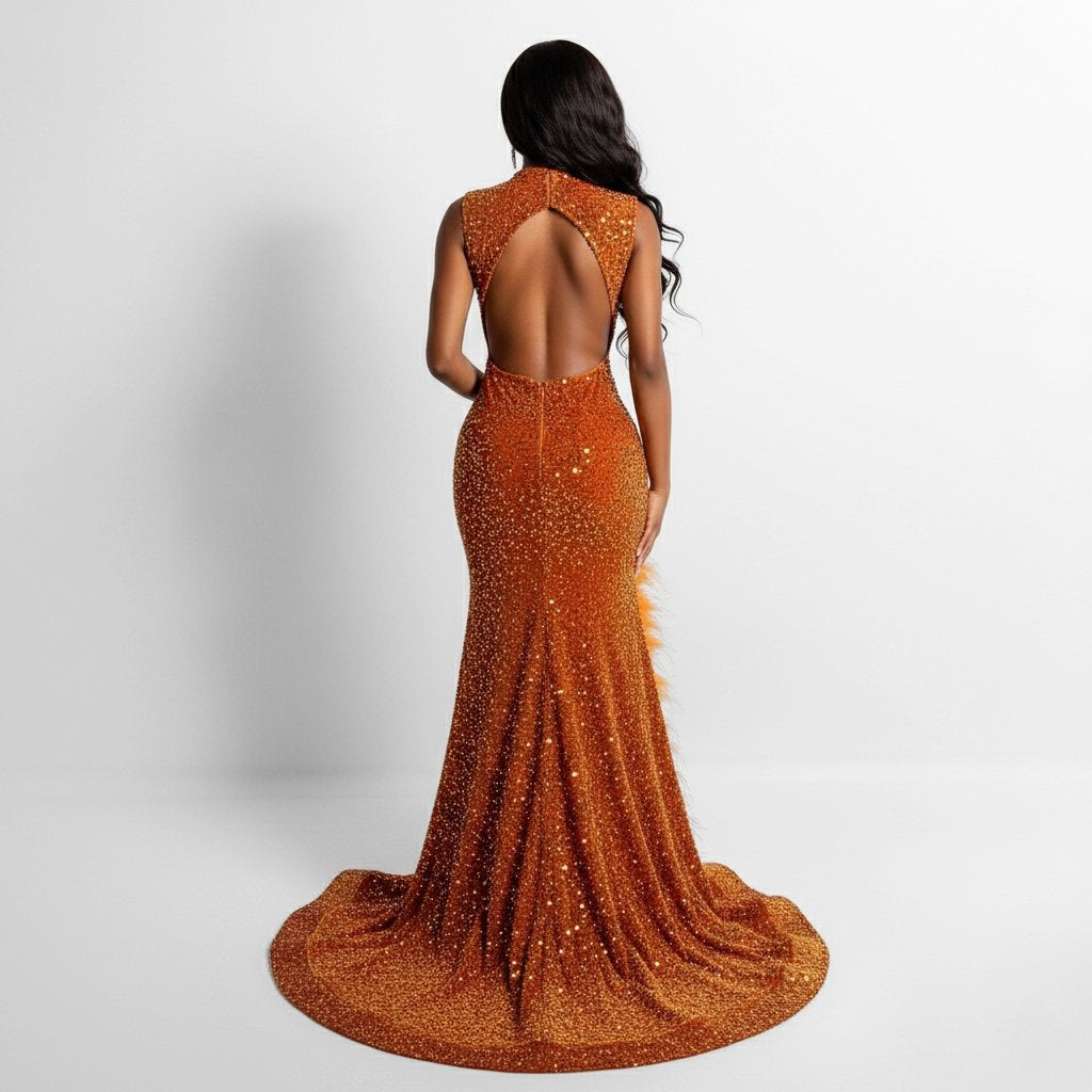 Remi Rhinestone Embellished Sequin Feather Gown