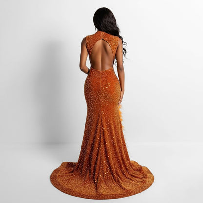 Remi Rhinestone Embellished Sequin Feather Gown