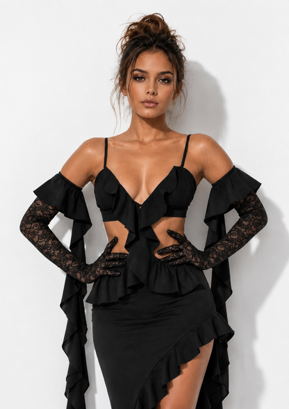 Cutout Ruffle Cami Dress With Lace Gloves