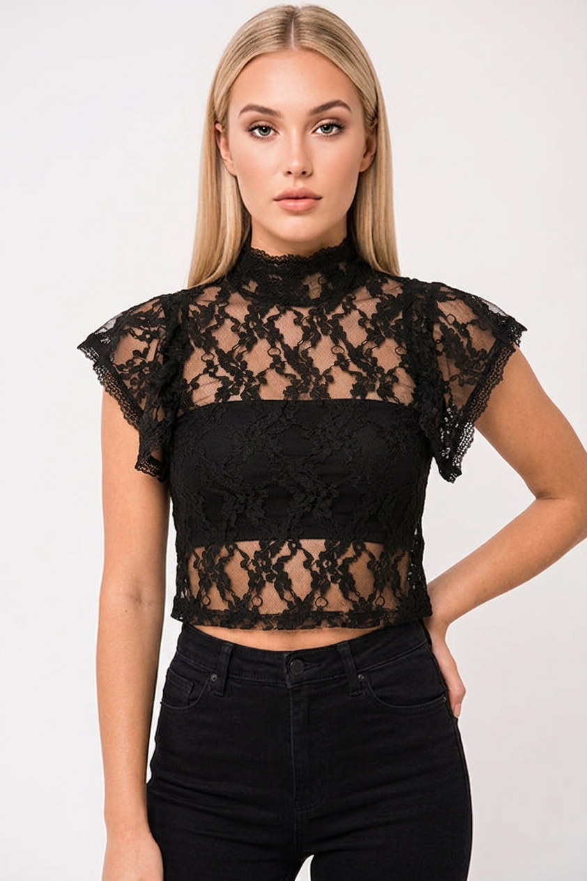 Leoni Sheer Black Lace High Neck Frill Sleeve Blouse