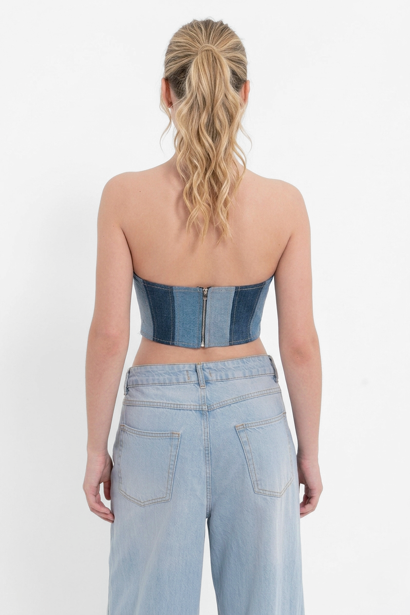 Blue Wash Contrast Paneled Denim Tube Top