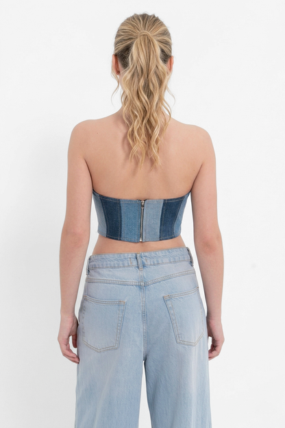Blue Wash Contrast Paneled Denim Tube Top