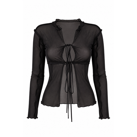 Semi-Sheer Mesh Tie-Front Top