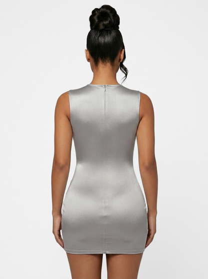 Xila Sheer Beaded Rhinestone Embellished Crystal Drop Mini Dress
