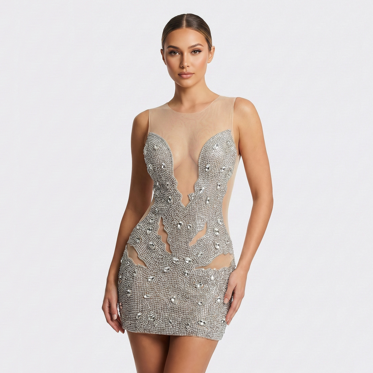 Lana Sheer Beaded Rhinestone Embellished Mini Dress
