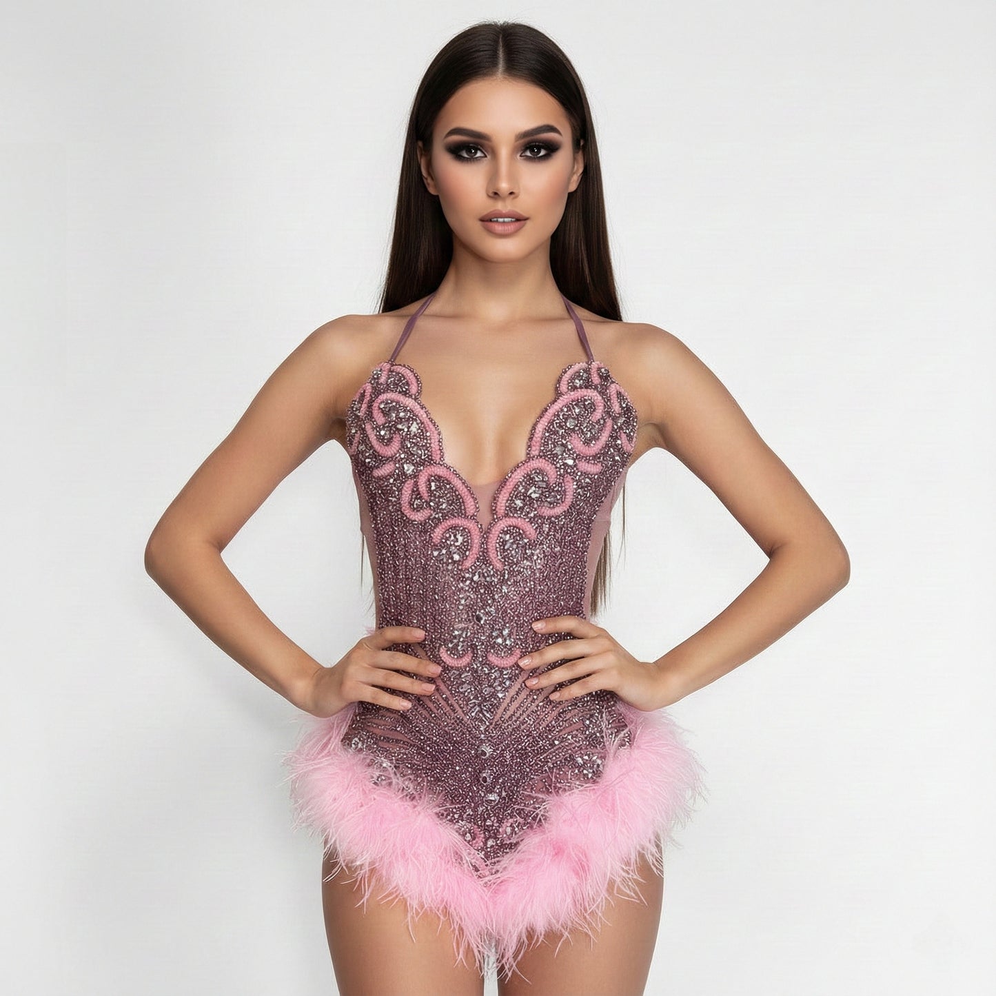 Mya Beaded Rhinestone Embellished Feather Mini Dress