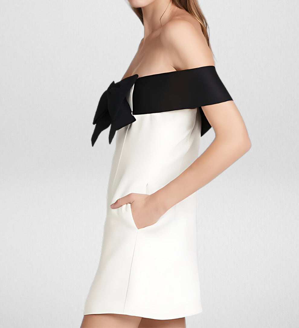 off shoulder bow mini dress Off-The-Shoulder Bow Silk Faille Mini Dress with Floor Length Sashes 10 / White