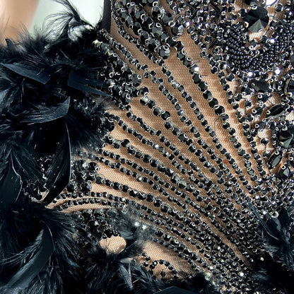 Amelia Black Beaded Scalloped Feather Mini Dress