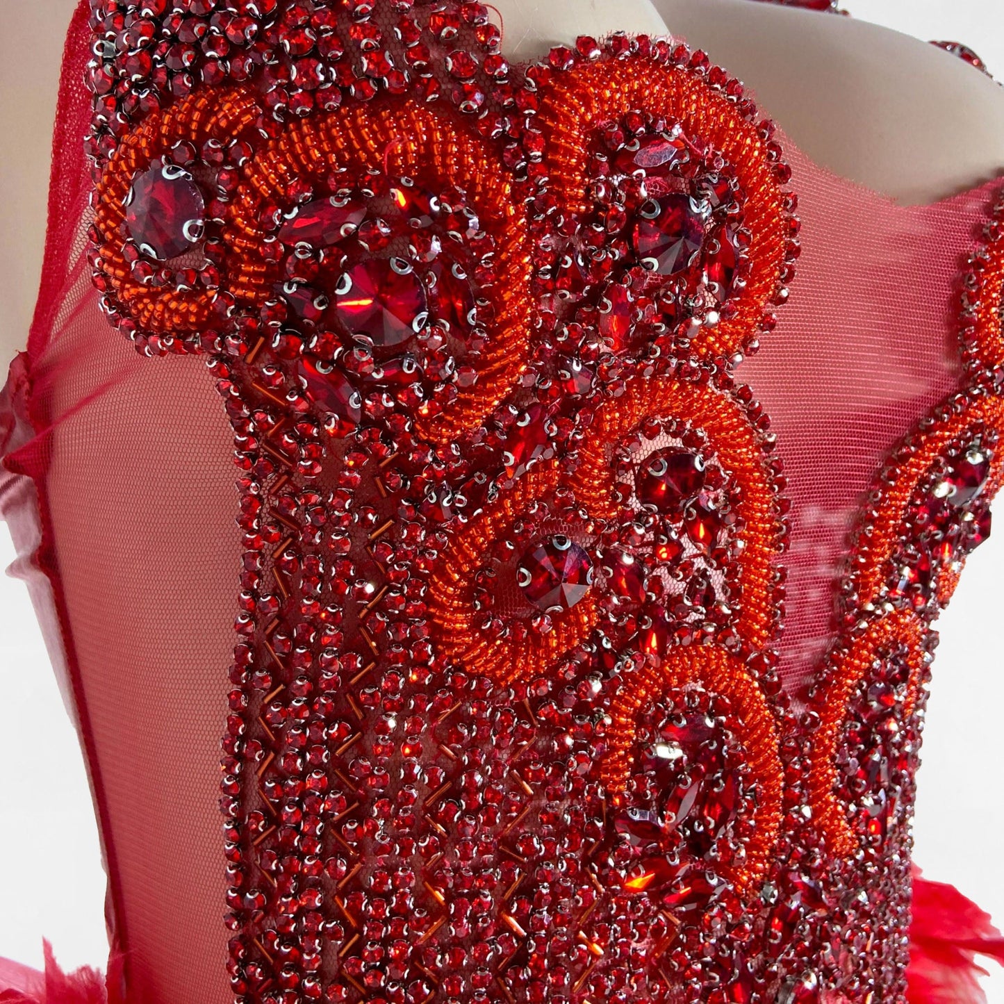 Amelia Red Beaded Scalloped Feather Mini Dress