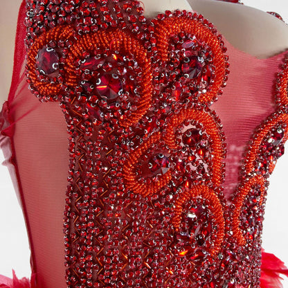 Amelia Red Beaded Scalloped Feather Mini Dress