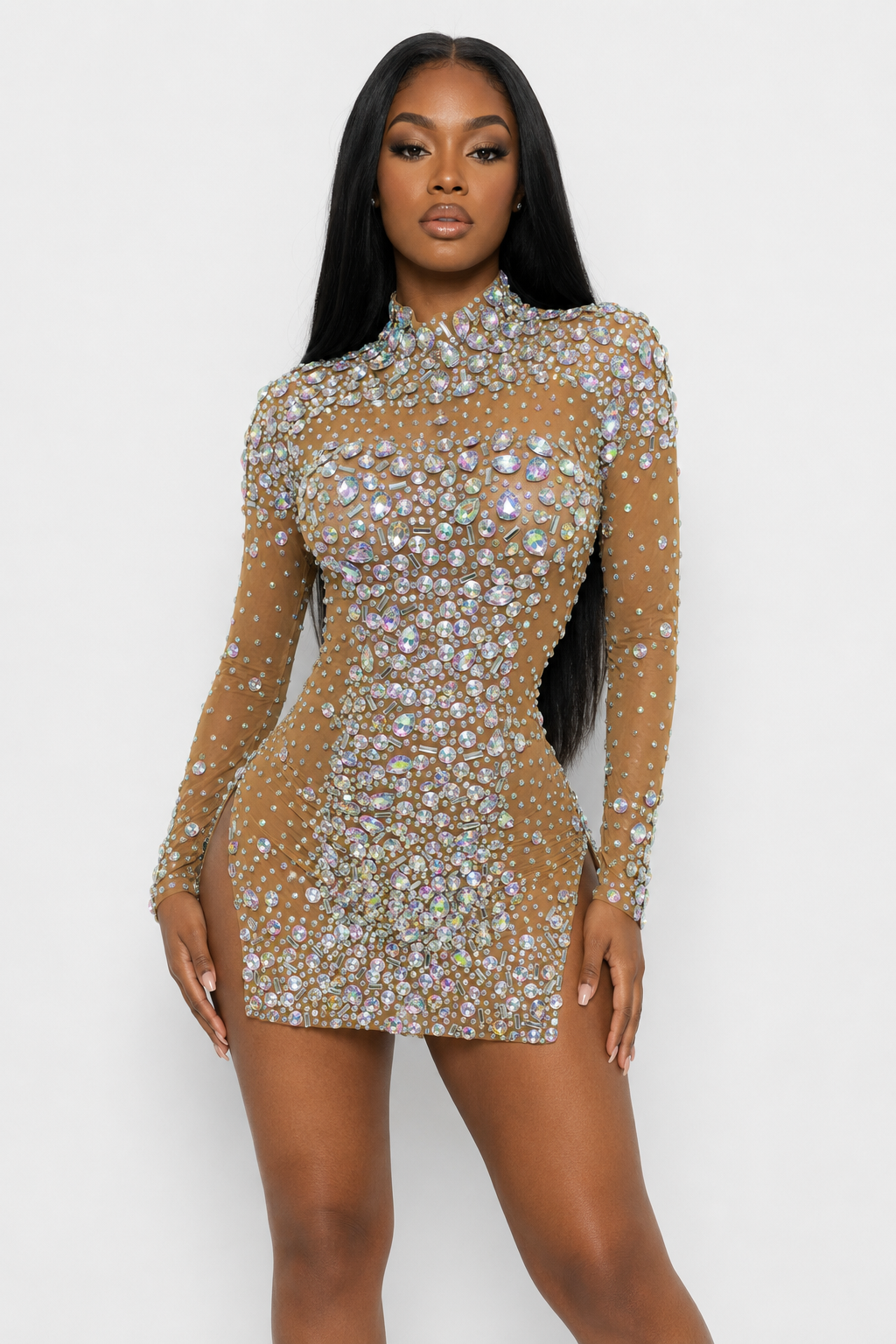 Multicolor Rhinestone Side Slit Mini Dress V2