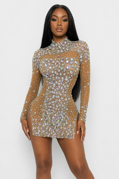 Multicolor Rhinestone Side Slit Mini Dress V2