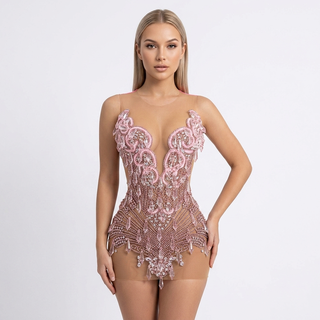 Paris Sheer Rhinestone Embellished Mini Dress