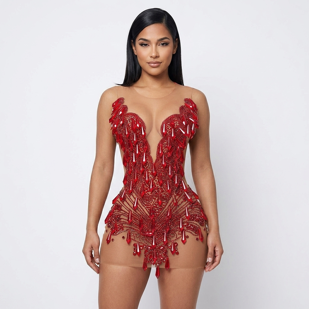 Paris Sheer Rhinestone Embellished Mini Dress