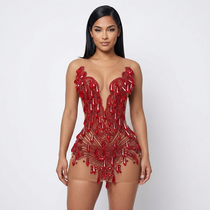 Paris Sheer Rhinestone Embellished Mini Dress