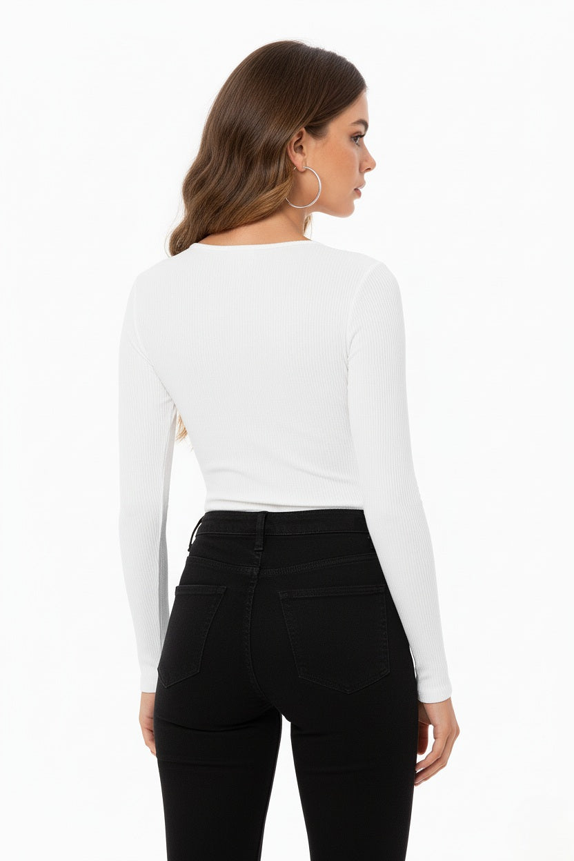 Ribbed Cut Out V-neck Long Sleeve Top