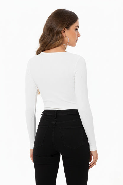 Ribbed Cut Out V-neck Long Sleeve Top