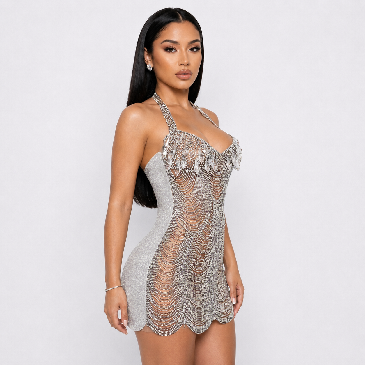 Crystal Sheer Beaded Rhinestone Drop Tassel Embellished Mini Dress