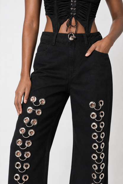 High Waisted Black Grommet Denim Jeans