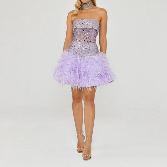 Caroline Strapless Sequin Feather Embellished Mini Dress