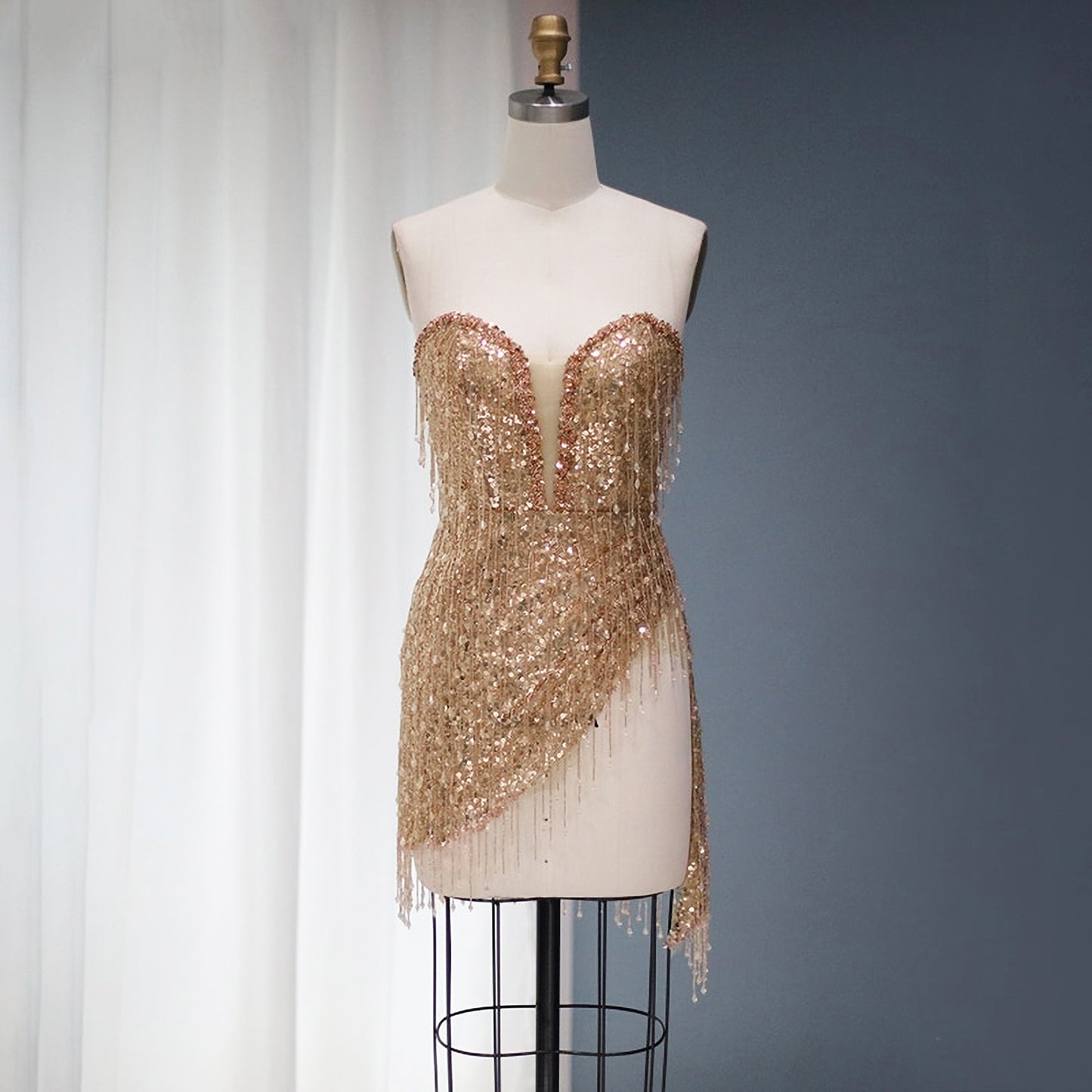 Champagne Beaded Sequin Tassel Mini Dress