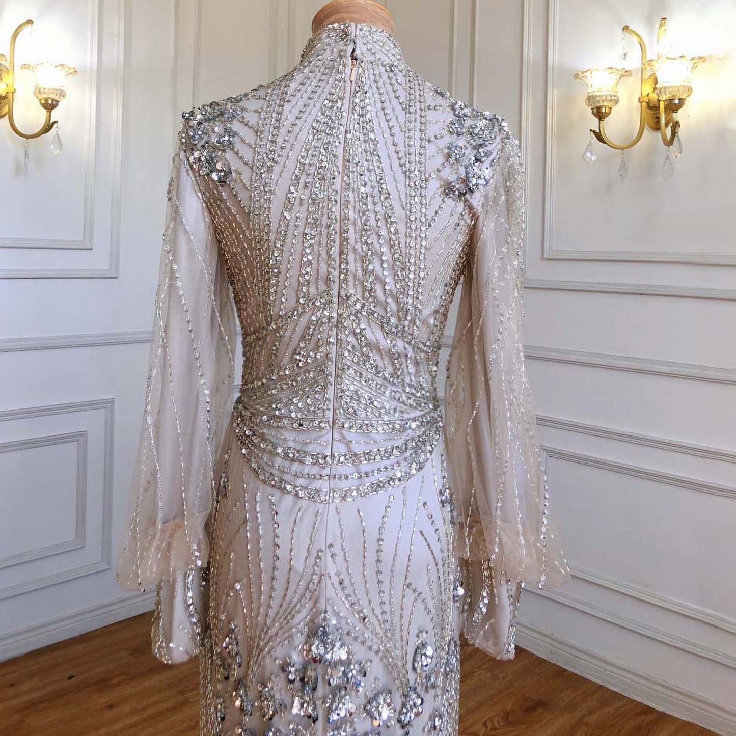 Long Sleeve Beaded Floor Length Gown