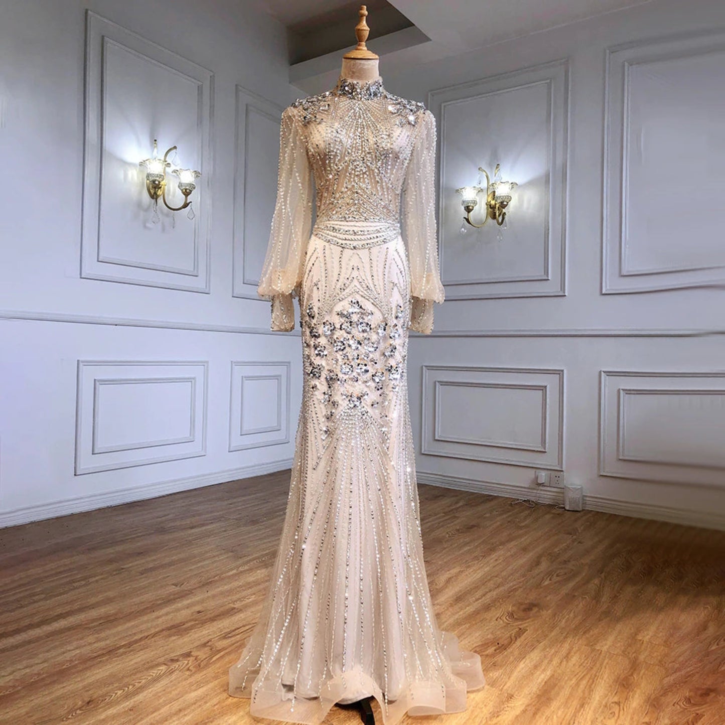 Long Sleeve Beaded Floor Length Gown