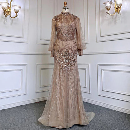 Long Sleeve Beaded Floor Length Gown