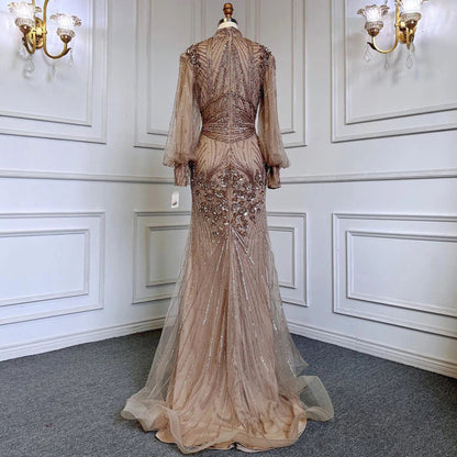 Long Sleeve Beaded Floor Length Gown