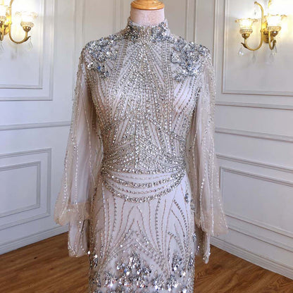 Long Sleeve Beaded Floor Length Gown