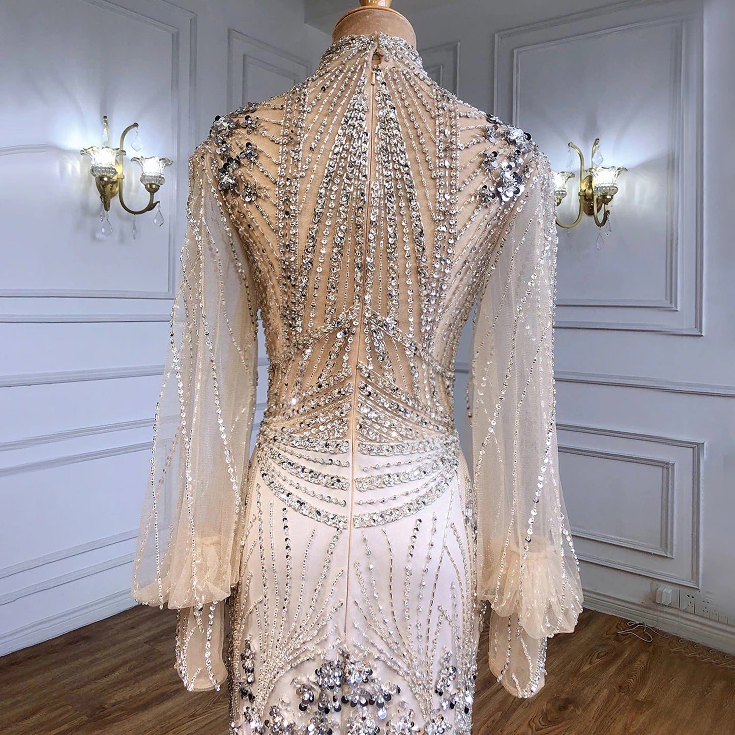 Long Sleeve Beaded Floor Length Gown