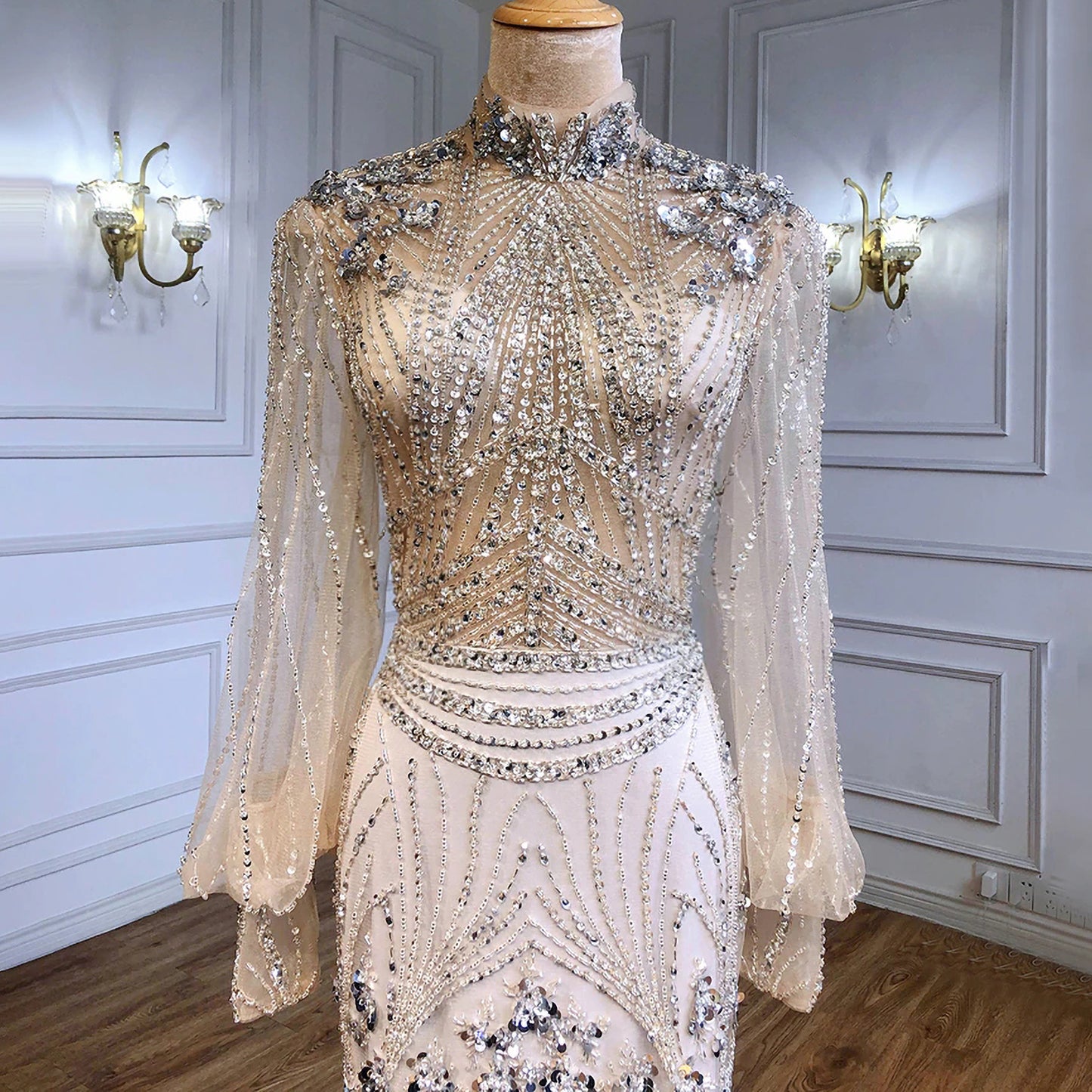 Long Sleeve Beaded Floor Length Gown